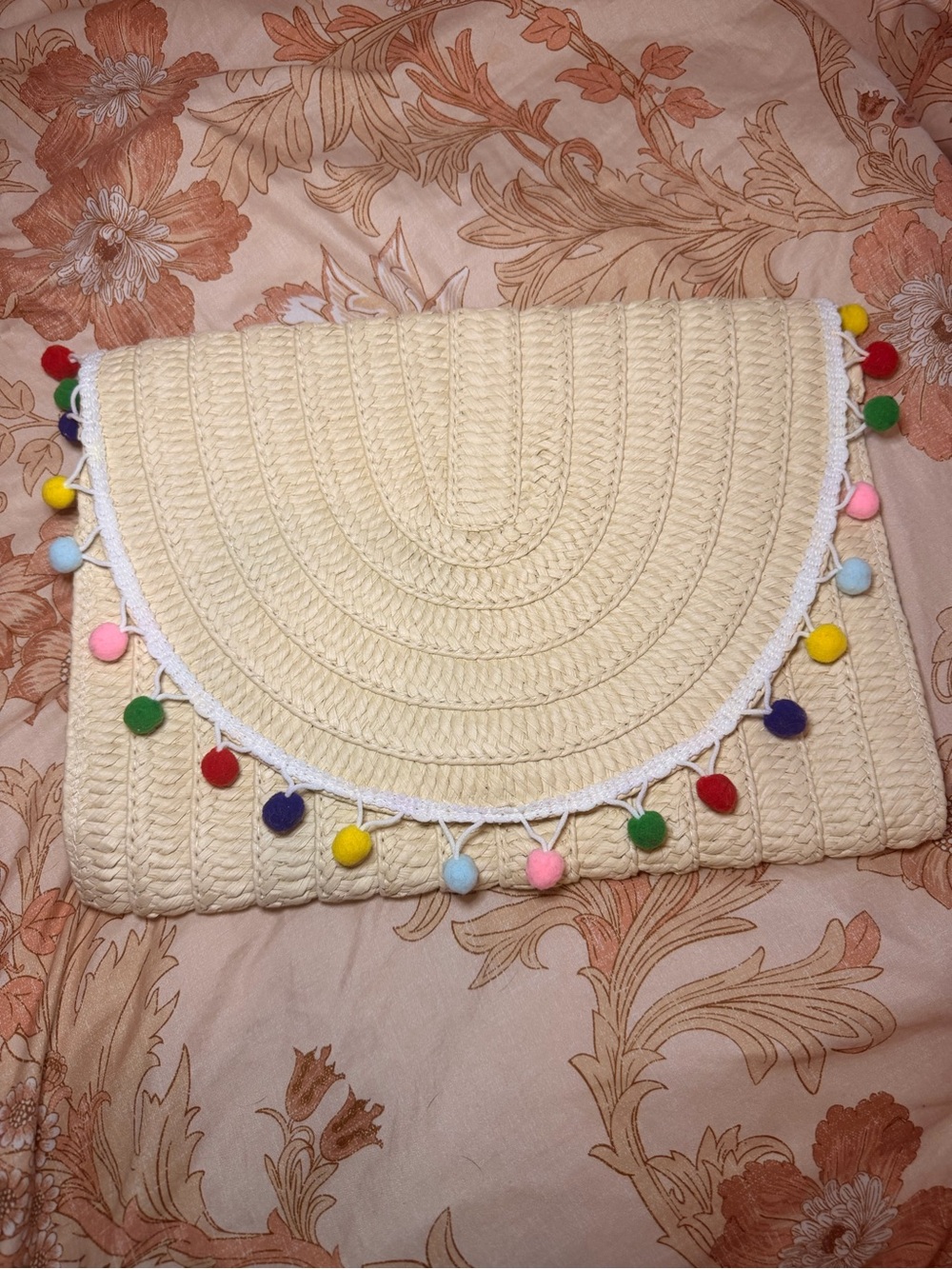 Lane Bryant Cream Woven Clutch with Multicolor Pom-Poms